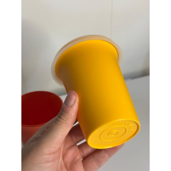 VTG Tupperware Mini Tumbler Set 2 Orange Yellow Cup w/ Lid Spout USA 80s Retro - Picture 6 of 8
